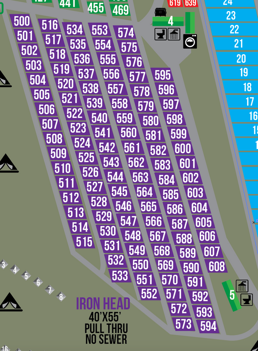 2026 Iron Head RV Park - (40' x 55') PULL THROUGH SITES (Sites 599 to 608)